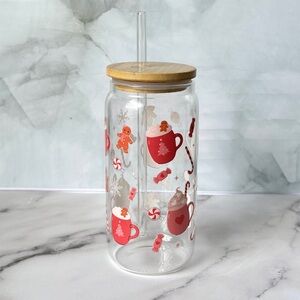 Festive Glass Tumbler with Straw and Bamboo Lid